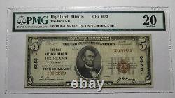 $5 1929 Highland Illinois IL National Currency Bank Note Bill Ch. #6653 PMG VF20