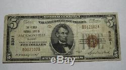 $5 1929 Jacksonville Florida FL National Currency Bank Note Bill Ch. #8321 RARE