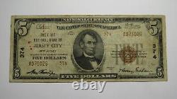 $5 1929 Jersey City New Jersey NJ National Currency Bank Note Bill Charter #374