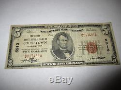 $5 1929 Johnstown Pennsylvania PA National Currency Bank Note Bill #5913 Fine