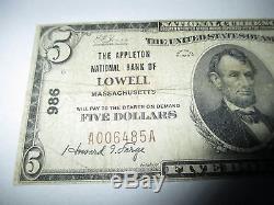 $5 1929 Lowell Massachusetts MA National Currency Bank Note Bill! Ch #986 Fine
