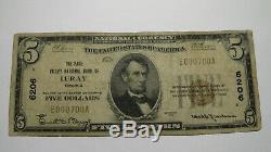 $5 1929 Luray Virginia VA National Currency Bank Note Bill! Ch #6206 Page Valley