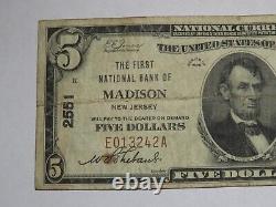 $5 1929 Madison New Jersey NJ National Currency Bank Note Bill Ch. #2551 FINE