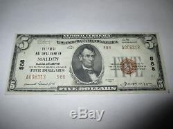 $5 1929 Malden Massachusetts MA National Currency Bank Note Bill! Ch #588 AU+