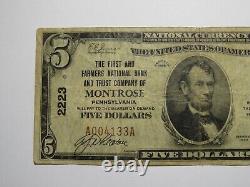 $5 1929 Montrose Pennsylvania PA National Currency Bank Note Bill Ch. #2223 RARE