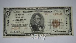 $5 1929 Myerstown Pennsylvania PA National Currency Bank Note Bill! #5241 XF+