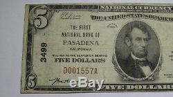 $5 1929 Pasadena California CA National Currency Bank Note Bill Ch. #3499 FINE