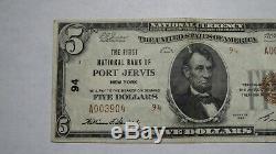$5 1929 Port Jervis New York NY National Currency Bank Note Bill Ch. #94 RARE
