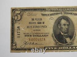 $5 1929 Richmond Kansas KS National Currency Bank Note Bill Charter #11728 RARE