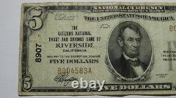 $5 1929 Riverside California CA National Currency Bank Note Bill Ch. #8907 FINE