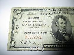 $5 1929 Santa Barbara California CA National Currency Bank Note Bill! Ch. #2104