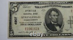 $5 1929 Springfield Massachusetts MA National Currency Bank Note Bill #4907 VF