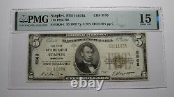 $5 1929 Staples Minnesota MN National Currency Bank Note Bill Ch. #5568 F15 PMG