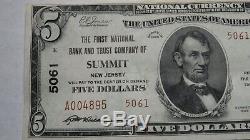 $5 1929 Summit New Jersey NJ National Currency Bank Note Bill! Ch. #5061 RARE