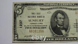 $5 1929 Sunbury Pennsylvania PA National Currency Bank Note Bill Ch. #1237 VF