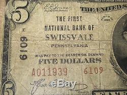 $5 1929 Swissvale Pennsylvania PA National Currency Bank Note Bill! Chart. #6109