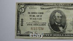 $5 1929 Wabash Indiana IN National Currency Bank Note Bill! Charter #6309 VF