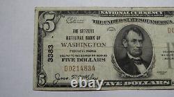 $5 1929 Washington Pennsylvania PA National Currency Bank Note Bill! Ch #3383 VF