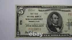$5 1929 Williamsport Pennsylvania PA National Currency Bank Note Bill Ch #175 XF