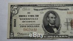 $5 1929 Woodsville New Hampshire NH National Currency Bank Note Bill! #5092 VF+
