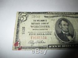 $5 1929 Worcester Massachusetts MA National Currency Bank Note Bill! #1135 FINE