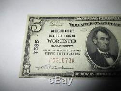 $5 1929 Worcester Massachusetts MA National Currency Bank Note Bill! #7595 VF++