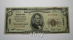 $5 1929 Worcester Massachusetts MA National Currency Bank Note Bill Ch. #7595