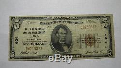 $5 1929 York Pennsylvania PA National Currency Bank Note Bill Ch. #604 FINE