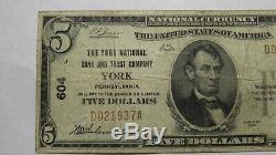 $5 1929 York Pennsylvania PA National Currency Bank Note Bill Ch. #604 FINE