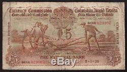 Currency Commission Consolidated Note £5 Pounds National Bank. Ploughman. VG