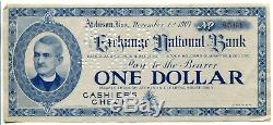 Exchange National Bank, 1907 Cashier's Check Panic Currency, Atchison, Kansas