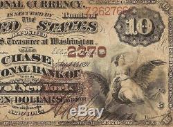Large 1882 $10 Dollar Bill Chase National New York Bank Note Currency Brown Back