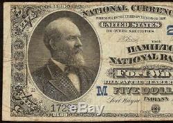 Large 1882 $5 Dollar Hamilton National Bank Of Fort Wayne Indiana Note Currency