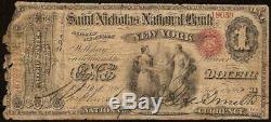 Original Charter 1865 $1 Saint Nicholas National Bank Note Currency Paper Money