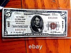 Scarce 1929 $5 National Currency The Telford National Bank Telford Pa. #9257