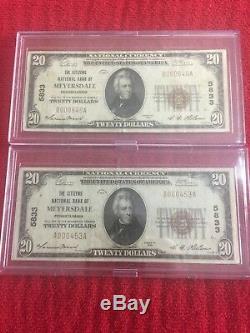 Two 1929 Twenty Dollar National Currency Citizens Bank Meyersdale Pa Banknote