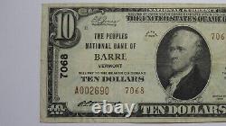 10 $ 1929 Barre Vermont Vt Monnaie Nationale Banque Bill Charte #7068 Vf++