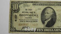 $10 1929 Billet de banque de la National Currency Bank de l'indépendance, Missouri, MO, numéro de série #4157, RARE