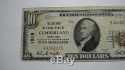 10 $ 1929 Cumberland Maryland MD Banque Nationale Monnaie Note Bill Ch. # 1519 Vf
