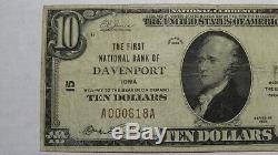 10 $ 1929 Davenport Iowa Ia Banque Nationale Monnaie Note Du Projet De Loi N ° 15 Rare Charte