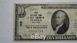 10 $ 1929 Elmira New York, Ny Banque Nationale Monnaie Note Bill! Ch. # 149 Vf +