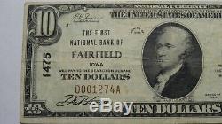 10 $ 1929 Fairfield Iowa Ia Banque Nationale Monnaie Note Bill Ch. # 1475 Vf +