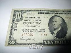 10 $ 1929 Fitchburg Massachusetts Ma Note De La Banque Nationale De Billets Bill N ° 2153 Fine