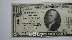 10 $ 1929 Fond Du Lac Wisconsin Wi Banque Nationale Monnaie Note Bill Ch. # 555 Vf +