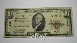 10 $ 1929 Greencastle Indiana En Monnaie Nationale Banque Note Bill! #219 Fine