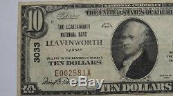 10 $ 1929 Leavenworth Kansas Ks Facture De Billet De Banque Nationale! Ch. # 3033 Vf +