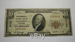 10 $ 1929 Madison Wisconsin Wi Banque Nationale Monnaie Note Bill Ch. # 9153 Rare