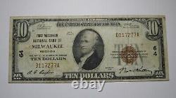 10 $ 1929 Milwaukee Wisconsin Wi Monnaie Nationale Banque Note Bill Ch. 64 Vf