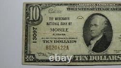$10 1929 Mobile Alabama Al Monnaie Nationale Banque Note Bill! Ch. #13097 Fine+