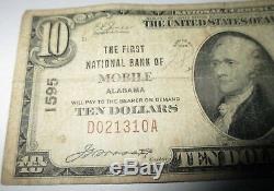 10 $ 1929 Mobile En Alabama Al Banque Nationale Monnaie Note Bill! Ch. # 1595 Rare